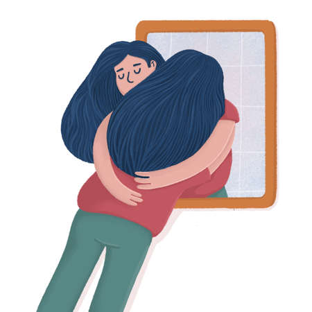 Woman hugging her reflection, self acceptanceの写真素材