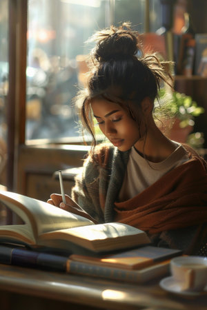 Young and beautiful Latin American woman sitting in a cafe, studying, reading books, making notes, blurred backgroundの素材