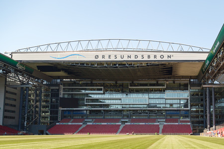 COPENHAGEN, DENMARK - JULY 9, 2014  Greenkeepers prepare the pitch of national stadium Parken for the first league match of the 2014 2015 season of local soccer team FC Copenhagenのeditorial素材