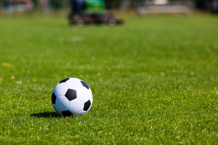Black and white soccer ball on green soccer pitch.の写真素材