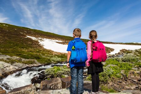 Two young and active children trekking in Norway and exploring nature on a sunny summer day wearing their blue and pink kids backpacks.の写真素材