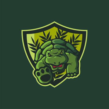 The green turtle logo mascot in the shield is suitable for animal protection logos, esports logos, emblems, animal lovers communities, etc.のイラスト素材