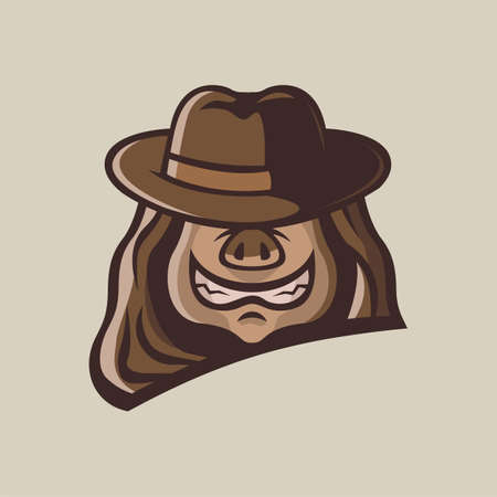 The hooded pig head mascot wears a hat.のイラスト素材