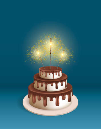Birthday realistic 3d vector cake with sparkler. Illustration for poster or birthday postcard. Melting chocolate icingのイラスト素材