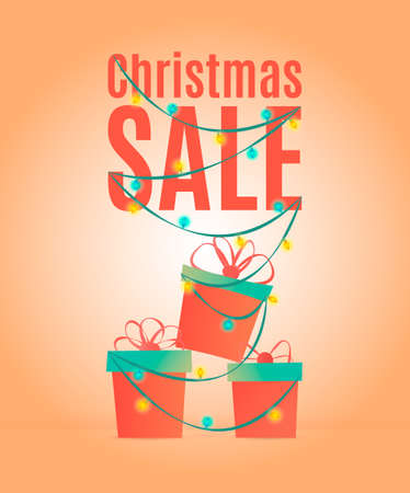 Christmas sale design template,  with gift boxes and luminous garland.  illustrationのイラスト素材