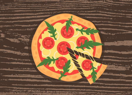Hot pizza slice with melting cheese on a rustic wooden background. illustration of margherita. Cartoon styleのイラスト素材