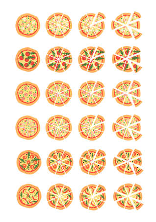 Set with different varieties of pizza. Cut slices. Margherita, shrimp, bacon, onion, tomatoes. Top view. illustration. Cartoon stylizedのイラスト素材