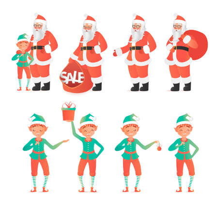 Design template with Santa Claus and elves. illustration. Cartoon styleのイラスト素材