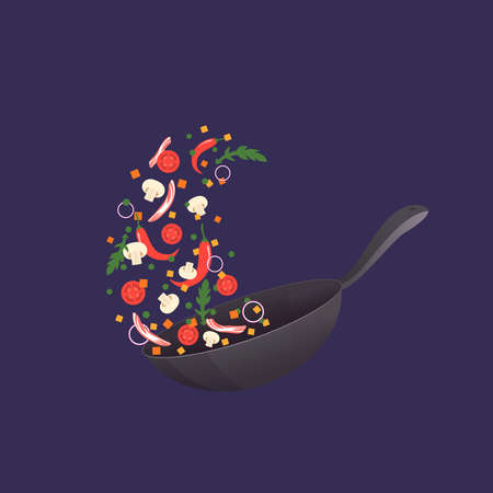 Cooking process illustration. Flipping Asian food in a pan. Cartoon style. Flatのイラスト素材