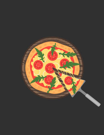 Margherita pizza on wooden board on black table. Slice with melting cheese. Vector illustration. Tomatoes and arugula. Top viewのイラスト素材