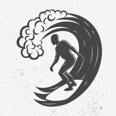 Vintage logo. Men surfing on big wave. Man on surfboard. Surf logotype. Flatのイラスト素材