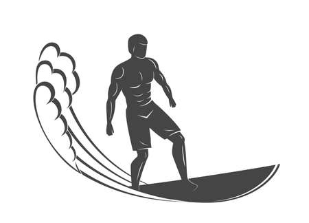 Vintage logo. Men surfing on wave. Man on surfboard. Surf logotype. Flatのイラスト素材