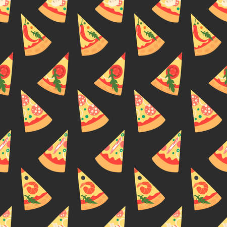 Set of pizza slices with different toppings including shrimps, chili pepper, mushrooms, bacon, cheese, onion, tomatoes, salami. Vector illustration. Seamless pattern. Cartoon styleのイラスト素材