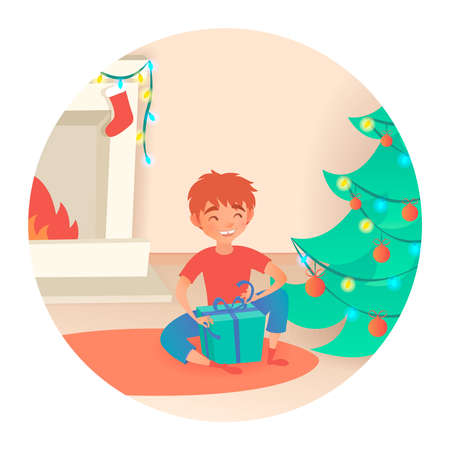 Boy with gift. Christmas or New Year. Near the decorated tree and fireplace. Vector illustration. Cute cartoon stylized childのイラスト素材
