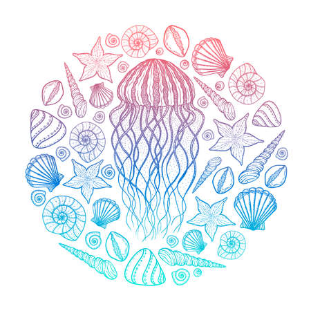 Jellyfish and shells in line art style. Hand drawn vector illustration. Design for coloring book. Set of ocean elements. Outlineのイラスト素材