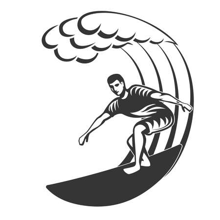 Vintage logo. Men surfing on big wave. Man on surfboard. Surf logotype. Flatのイラスト素材
