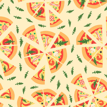 Seamless pattern with assorted pizza slices. Vector illustration. Repeating background. Cartoon styleのイラスト素材