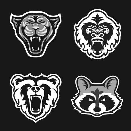 Set of logos for sport team. Panthers, Gorillas, Bears, Raccoons. Animal mascot logotype. Template. Vector illustration. Flat styleのイラスト素材
