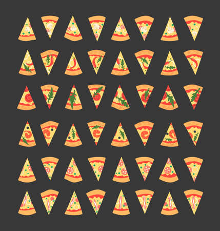 Set of pizza slices with different toppings including shrimps, chili pepper, mushrooms, bacon, cheese, onion, tomatoes, salami. Vector illustration. Cartoon styleのイラスト素材