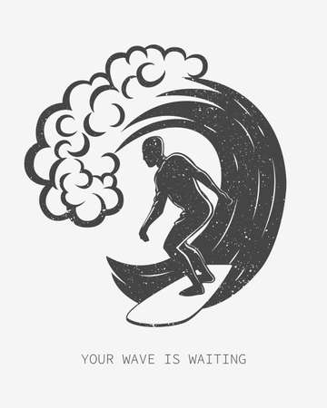 Vintage logo. Men surfing on big wave. Man on surfboard. Surf logotype. Flatのイラスト素材