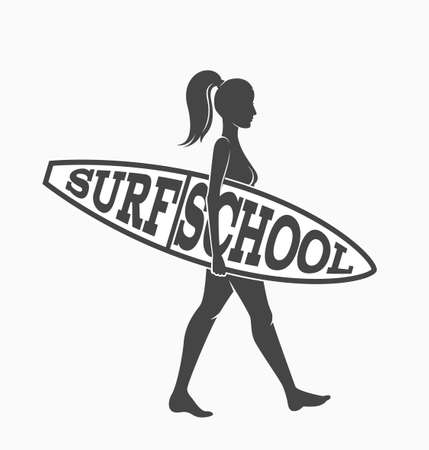 Woman goes surfing with surfboard. Surf school logo. Vector illustration.のイラスト素材
