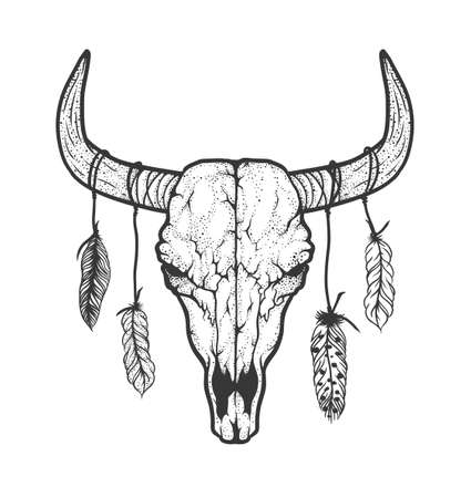 Bull skull with feathers native Americans tribal style. Dotted Tattoo blackwork. Vector hand drawn illustration. Boho designのイラスト素材