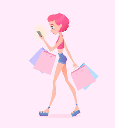 Young hipster girl going down the street with shopping bags and holding smartphone in her hand. Vector illustration. Design template. Cartoon styleのイラスト素材