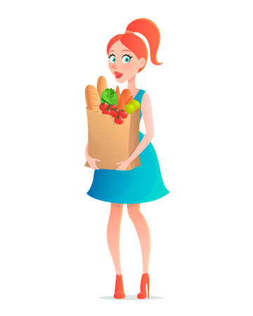 Vector illustration of young woman holding paper bag of groceries. Girl with vegetables in supermarket. Character in cartoon styleのイラスト素材