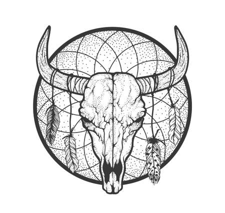Bull skull with feathers native Americans tribal style. Dotted Tattoo blackwork. Vector hand drawn illustration. Boho designのイラスト素材