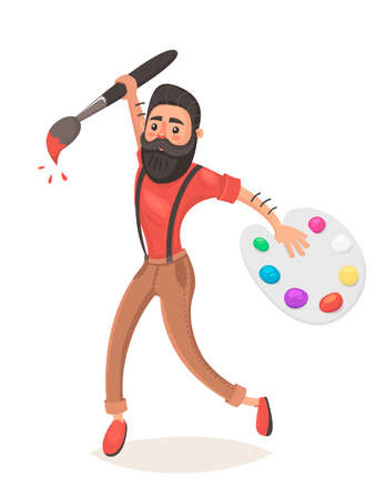 Hipster men with big paint brush and palette. Jumping. Creative thinking. Concept idea. Designer. Vector illustration in cartoon style