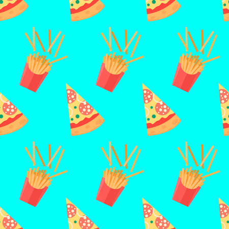 Set of pizza slices with different toppings including shrimps, pepper, mushrooms, bacon, tomatoes, salami. French fries. Vector fast food illustration. Seamless pattern. Cartoon styleのイラスト素材