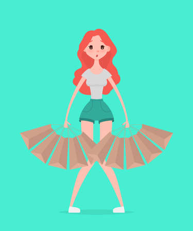 Young hipster woman with shopping bags. Vector illustration. Design template. Cartoon styleのイラスト素材