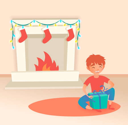 Boy with gift. Christmas or New Year. Near the fireplace. Vector illustration. Cute cartoon stylized childのイラスト素材