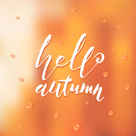 Hand drawn lettering of a phrase Hello autumn. Vector illustration. Blurred background. Creative design template.のイラスト素材