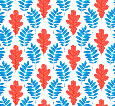 Seamless pattern with autumn oak, rowan foliage. Creative vector illustration in cartoon style.のイラスト素材