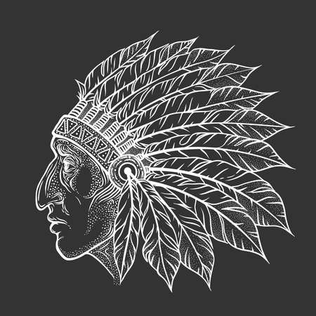 Native American Indian chief head profile. Vector vintage illustration. Hand drawn style. Blackwork tattoo. Bohemian elementのイラスト素材