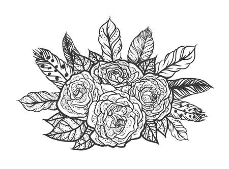 Blackwork tattoo of rose and feathers bouquet. Very detailed vector illustration. Boho design for print, posters, t-shirts. Hand drawnのイラスト素材