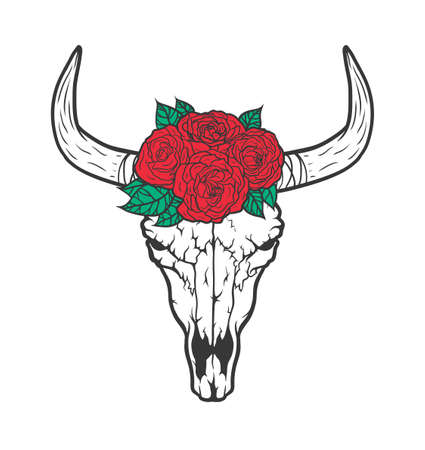 Bull skull with roses native Americans tribal style. Dotted Tattoo blackwork. Vector hand drawn illustration. Boho designのイラスト素材
