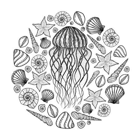 Jellyfish and shells in line art style. Hand drawn vector illustration. Design for coloring book. Set of ocean elements. Outlineのイラスト素材
