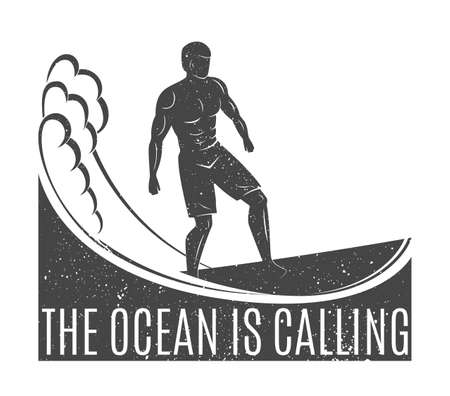 Vintage logo. Men surfing on wave. Man on surfboard. Surf logotype. Flatのイラスト素材