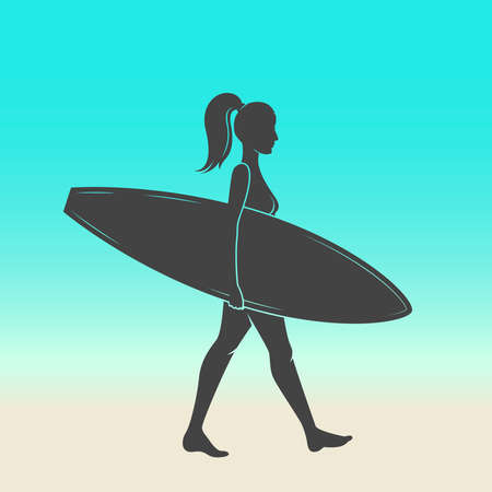 Woman goes surfing with surfboard. Surf vintage logo. Vector illustration. . Flatのイラスト素材