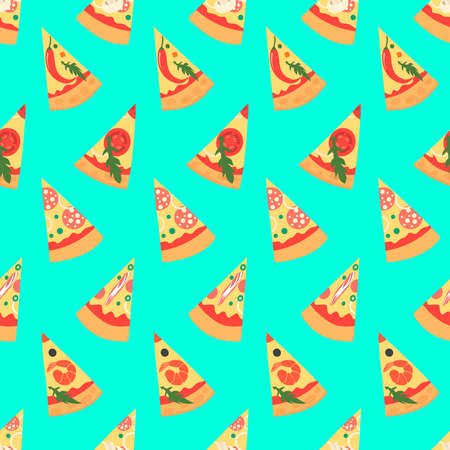 Set of pizza slices with different toppings including shrimps, chili pepper, mushrooms, bacon, cheese, onion, tomatoes, salami. Vector illustration. Seamless pattern. Cartoon styleのイラスト素材