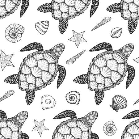 Seamless pattern with sea turtle and shells in line art style. Hand drawn vector illustration. Top view. Design for coloring book. Ocean elementsのイラスト素材