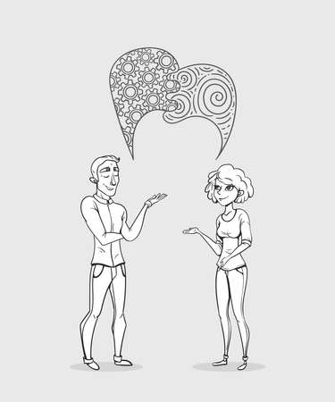 Collaboration of two people. Creative woman and man analyst. Business sketch vector illustration.のイラスト素材