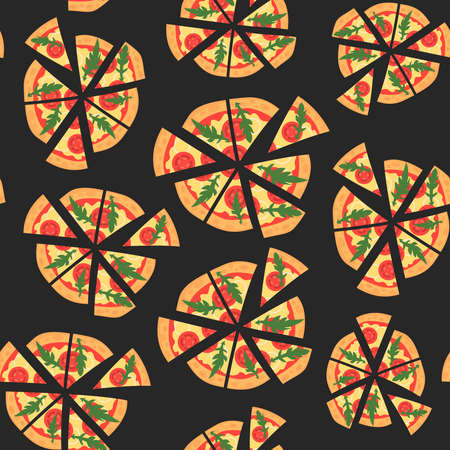 Vector texture of pattern with margherita pizza. Slices in a flat style. Seamless background. Cartoon styleのイラスト素材