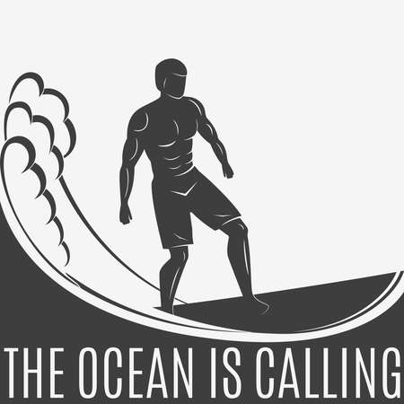 Vintage logo. Men surfing on wave. Man on surfboard. Surf logotype. Flatのイラスト素材