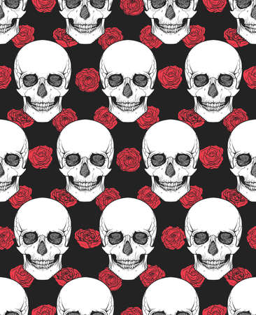 Human skull tribal style seamless pattern. Vector hand drawn illustration. Boho designのイラスト素材