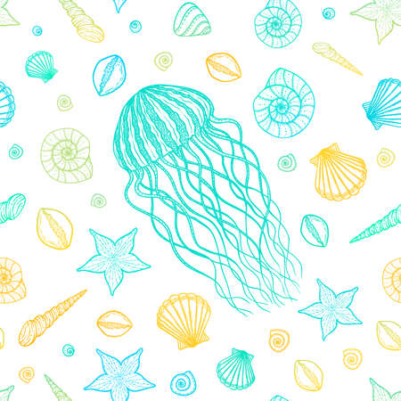 Seamless pattern with jellyfish and shells in line art style. Hand drawn vector illustration. Set of...
