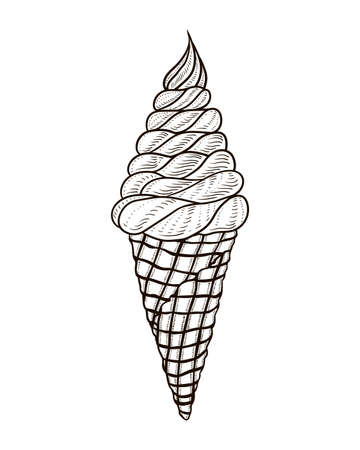 Soft chocolate ice cream in a waffle cone. Hand drawn doodle illustration in cartoon styleのイラスト素材