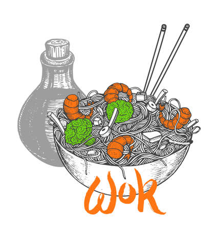 Asian fastfood with noodles shrimps, pepper, vegetables, soy sauce in a plate. Hand drawn vector illustration of tasty food doodle styleのイラスト素材
